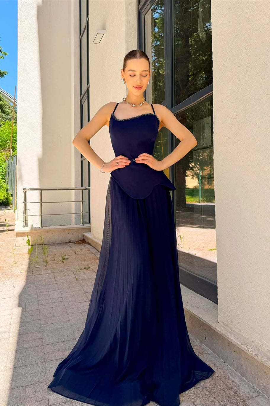 Chic Navy Blue Spaghetti-Strap Prom Dresses Sleeveless Floor-Length Pleats With Pearls