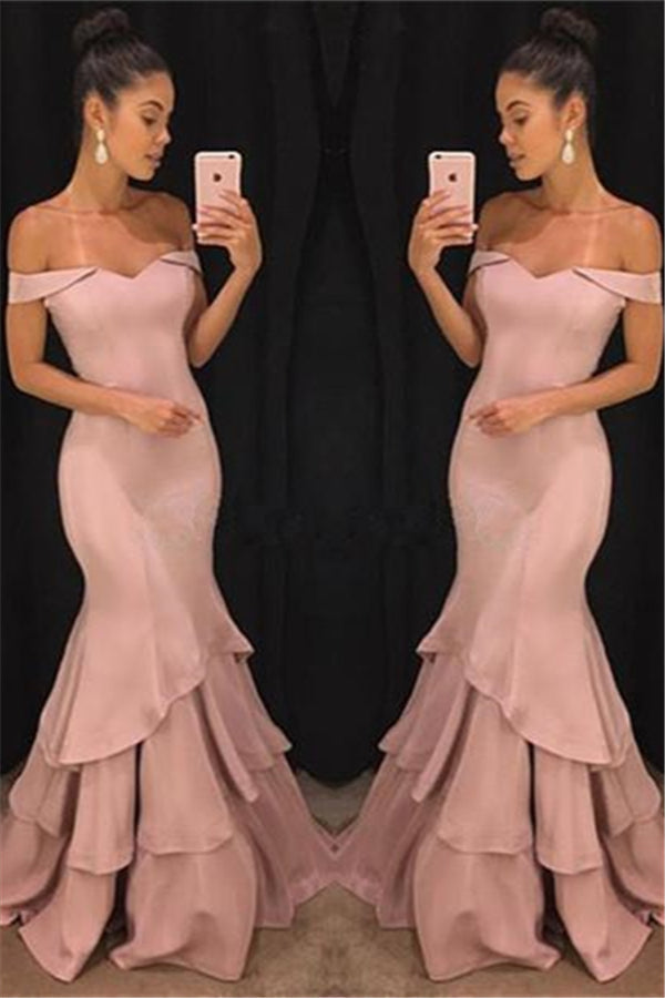 Chic Off-the-Shoulder Mermaid Prom Dresses Tiered Pink Ruffles Evening Gowns
