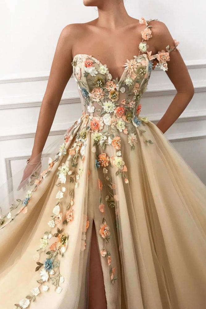 Chic One-Shoulder Strap Tulle Sweetheart Front Slit Appliques Flowers Prom Party Gowns
