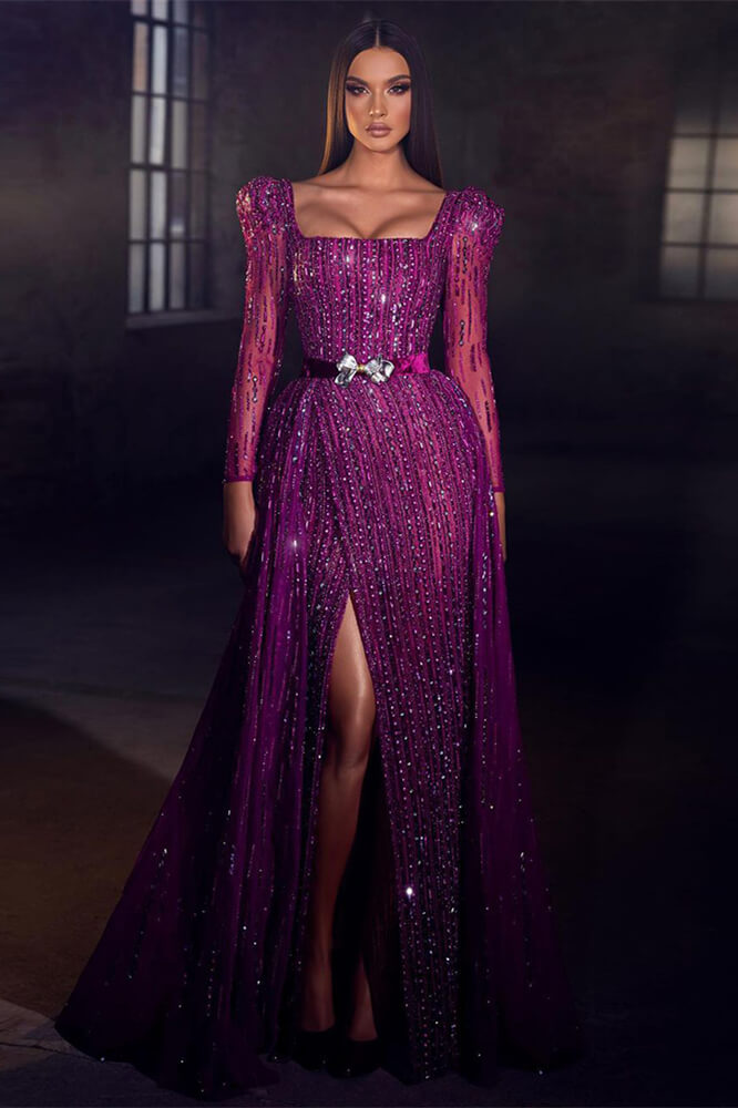 Chic Purple Square Prom Dress Mermaid Long Sleeves Beadings With Split