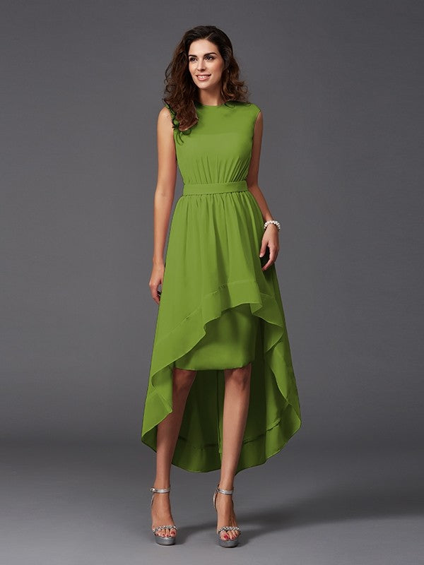 Chic Sash/Ribbon/Belt Sleeveless High-Low Chiffon Bridesmaid Dresses
