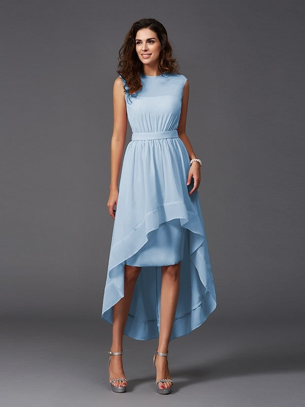 Chic Sash/Ribbon/Belt Sleeveless High-Low Chiffon Bridesmaid Dresses