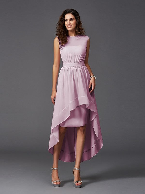 Chic Sash/Ribbon/Belt Sleeveless High-Low Chiffon Bridesmaid Dresses