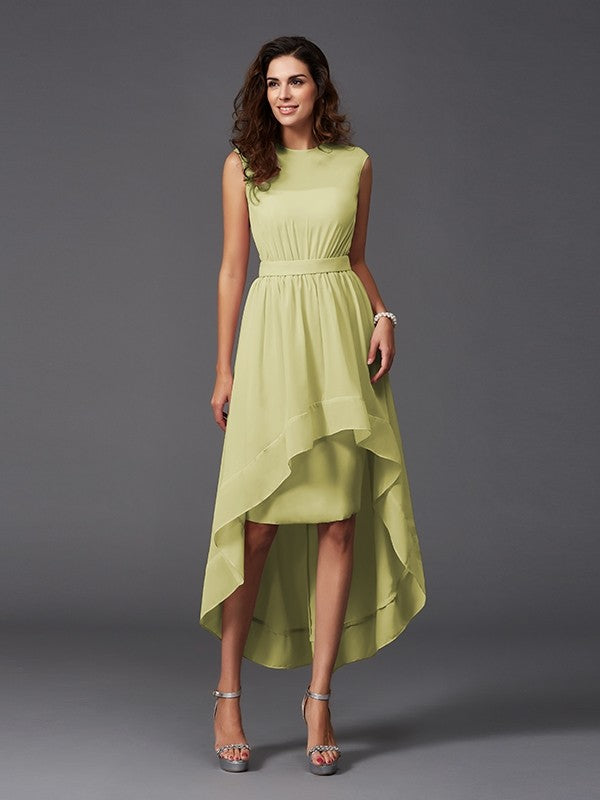 Chic Sash/Ribbon/Belt Sleeveless High-Low Chiffon Bridesmaid Dresses