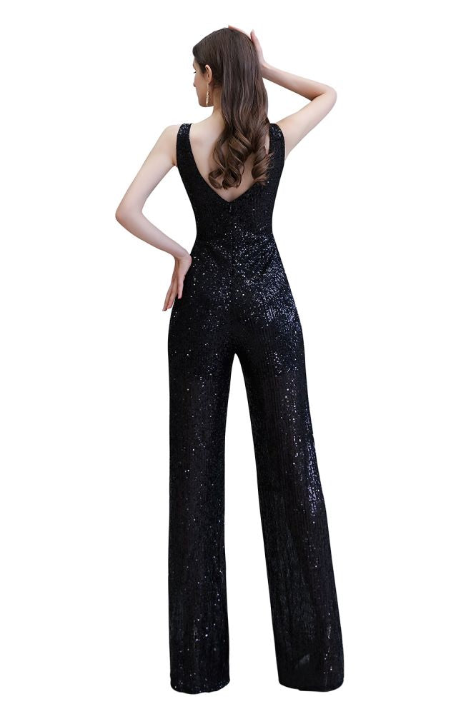 Chic Shining V-Neck Silver Sequin Sleeveless Prom Jumpsuit