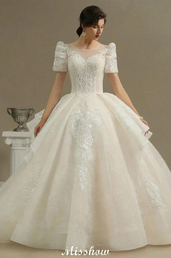 Chic Short Sleeves Tulle Lace Appliques Bridal Gown Spring Garden Wedding Dress (ZD13993)