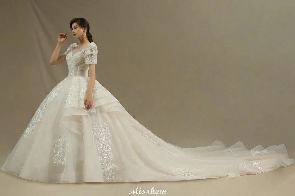 Chic Short Sleeves Tulle Lace Appliques Bridal Gown Spring Garden Wedding Dress (ZD13993)