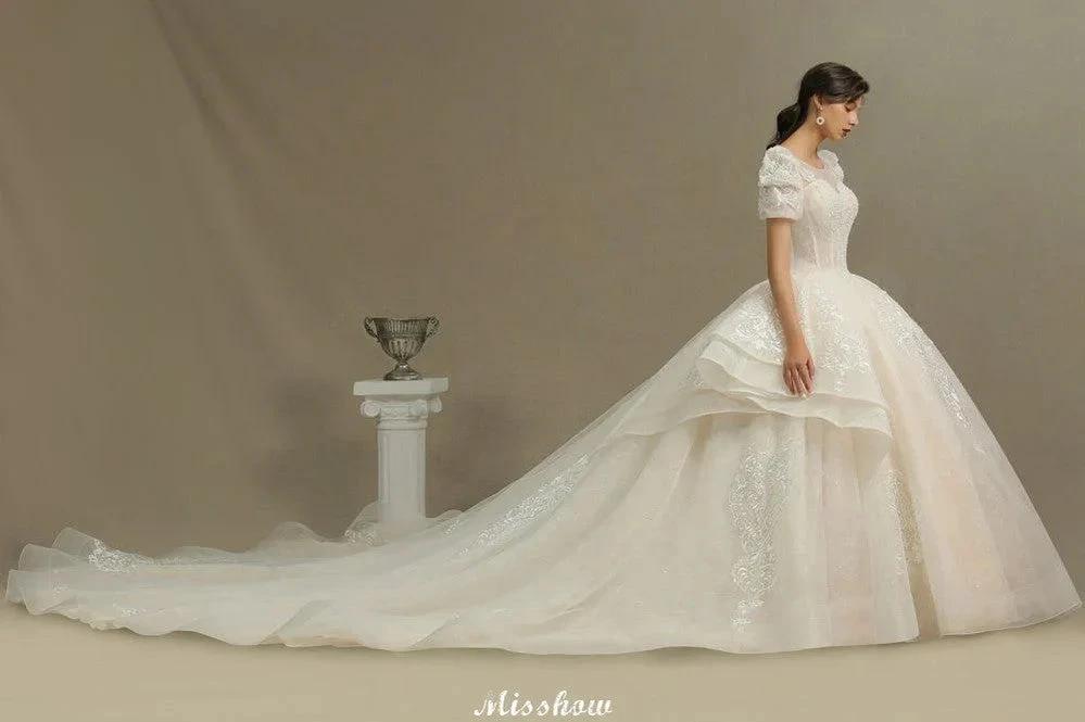Chic Short Sleeves Tulle Lace Appliques Bridal Gown Spring Garden Wedding Dress (ZD13993)