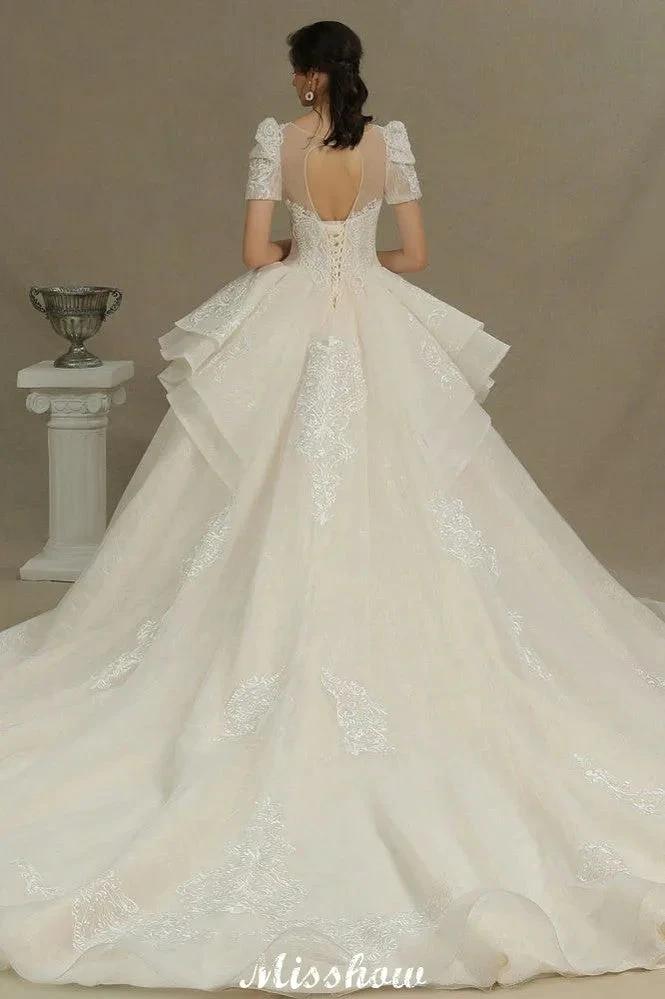 Chic Short Sleeves Tulle Lace Appliques Bridal Gown Spring Garden Wedding Dress (ZD13993)
