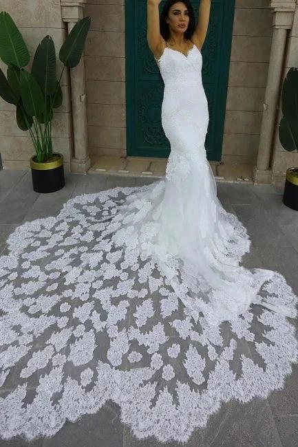Chic Sleeveless Spaghetti Straps Mermaid Wedding Dress with Chapel Train (ZD14887)