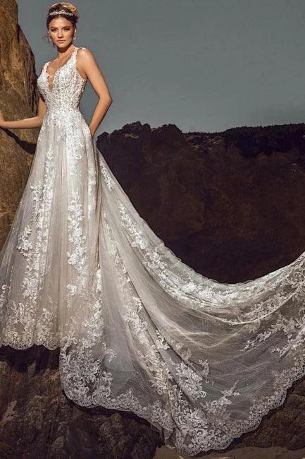Chic Sleeveless V-Neck Wedding Dress Aline Tulle Brial Dress with Lace Appliques& Pockets (ZD16585)