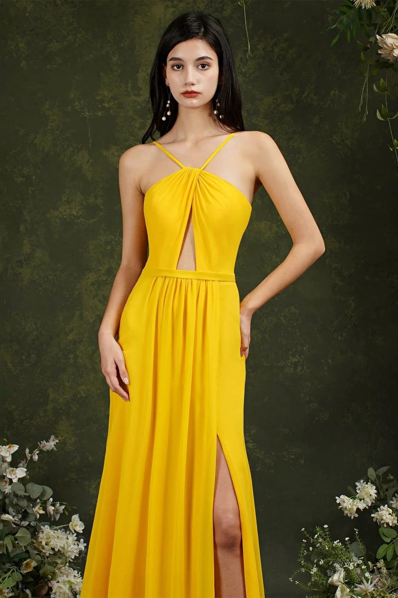 Chic Spaghetti Straps Halter A-Line Floor-length Split Bridesmaid Dress With Pockets (ZD13142)