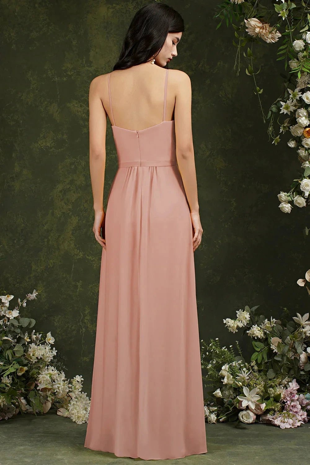 Chic Spaghetti Straps Halter A-Line Floor-length Split Bridesmaid Dress With Pockets (ZD13142)
