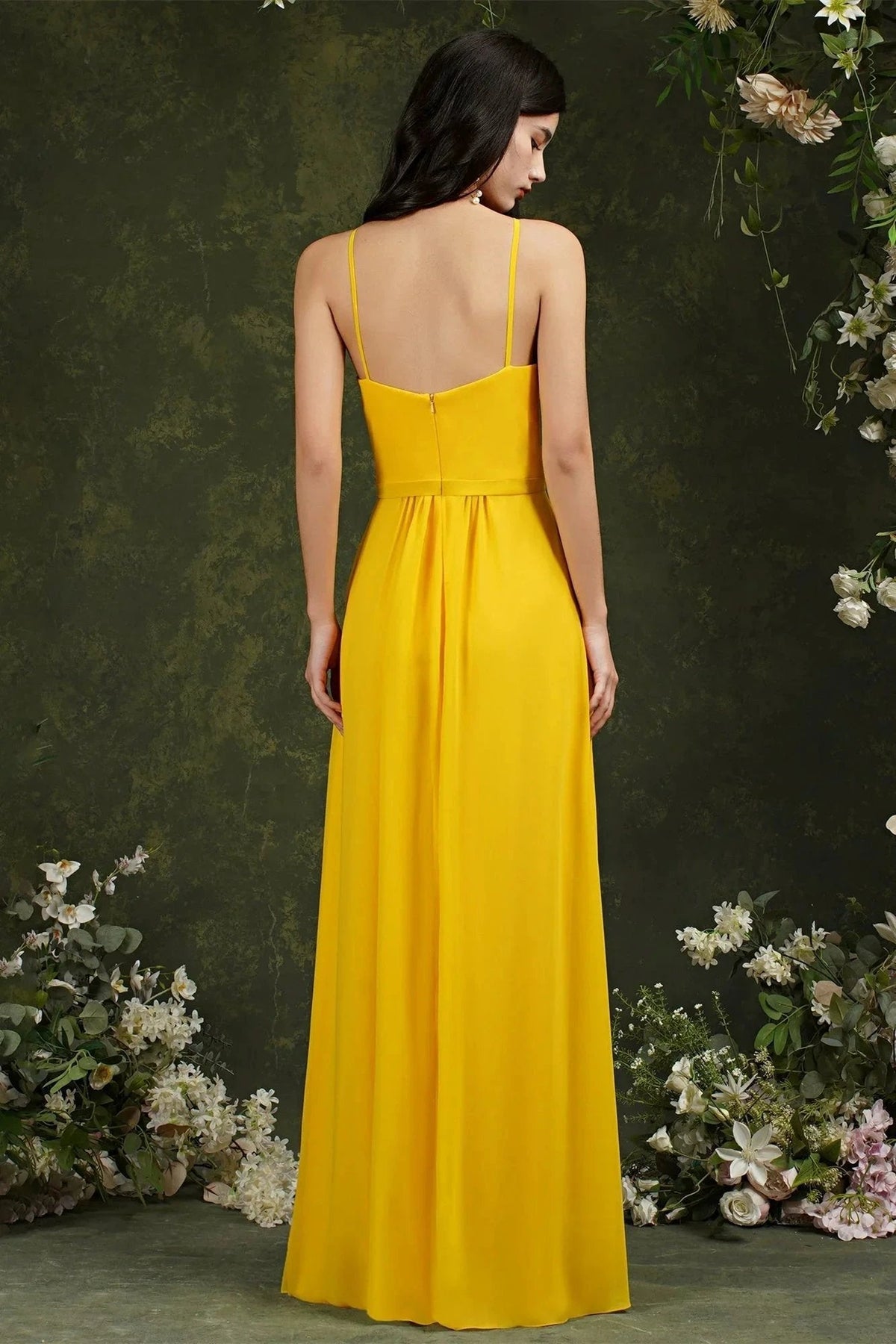 Chic Spaghetti Straps Halter A-Line Floor-length Split Bridesmaid Dress With Pockets (ZD13142)