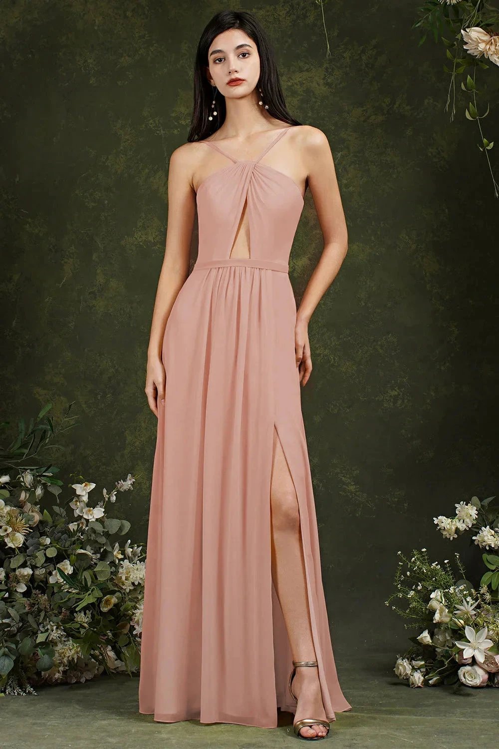 Chic Spaghetti Straps Halter A-Line Floor-length Split Bridesmaid Dress With Pockets by misshow.com
