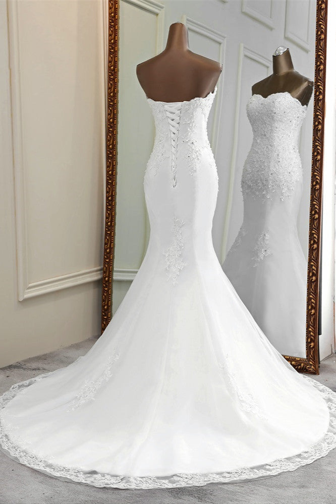 Chic Strapless Lace Appliques White Mermaid Wedding Dresses with Beadings (ZD17423)