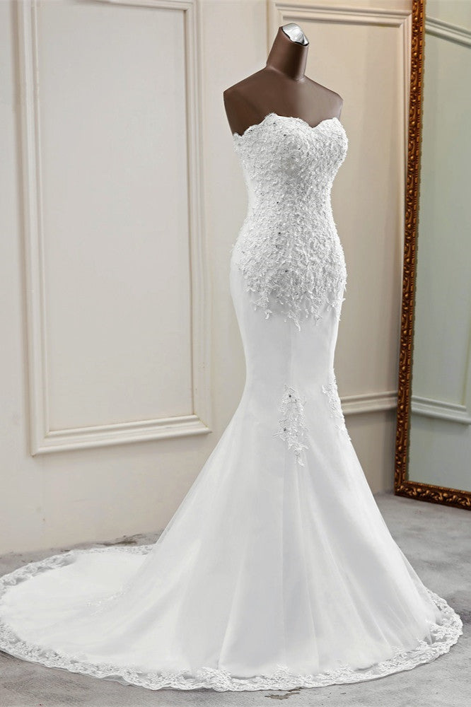 Chic Strapless Lace Appliques White Mermaid Wedding Dresses with Beadings (ZD17423)