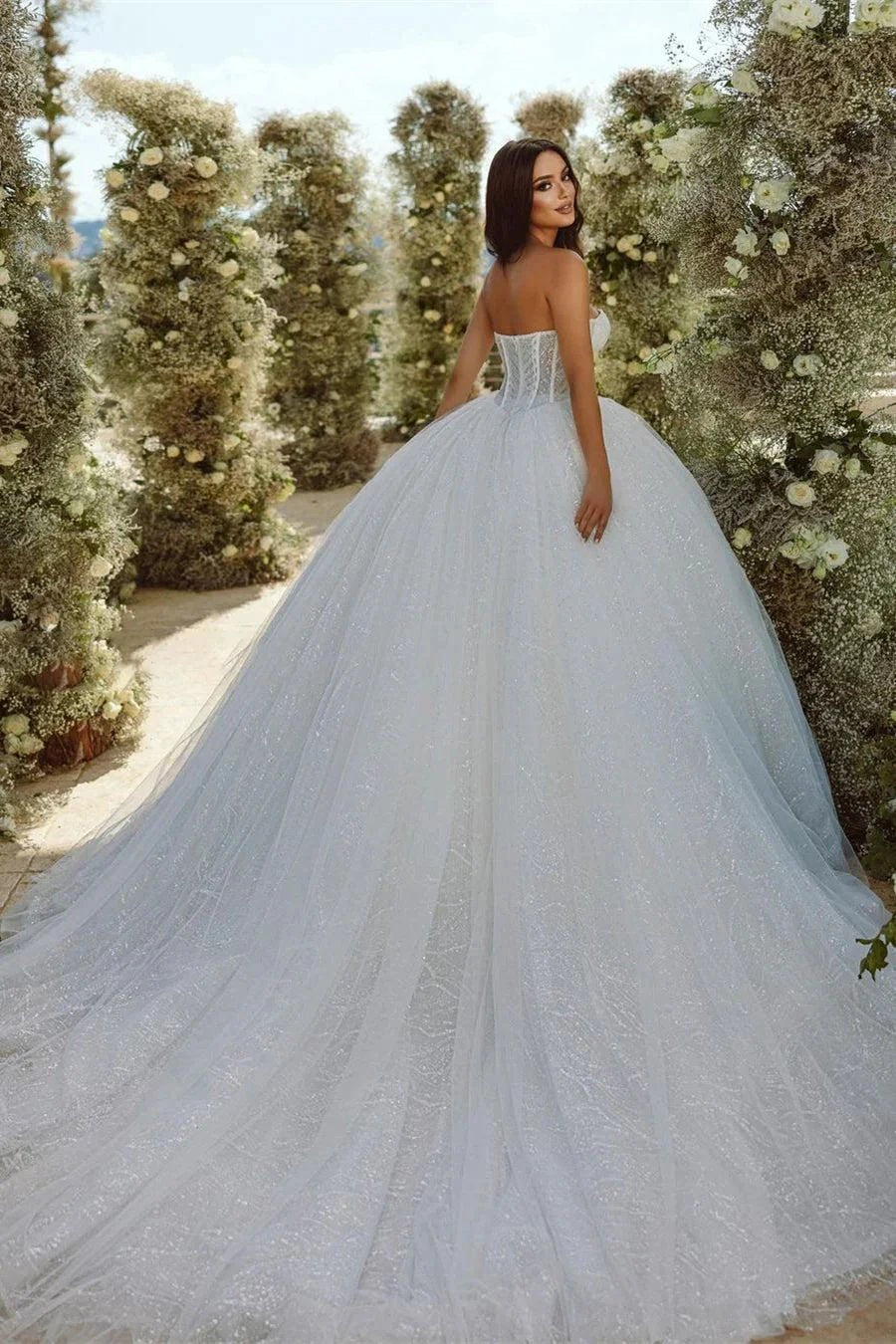 Chic Sweetheart A-line Sleeveless Glitter Tulle Wedding Dress With Train (ZD14505)