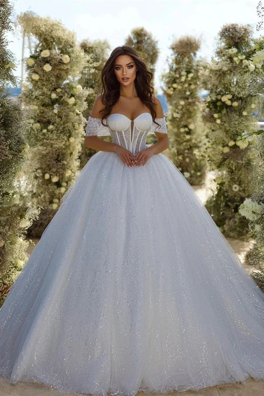Chic Sweetheart A-line Sleeveless Glitter Tulle Wedding Dress With Train (ZD14505)