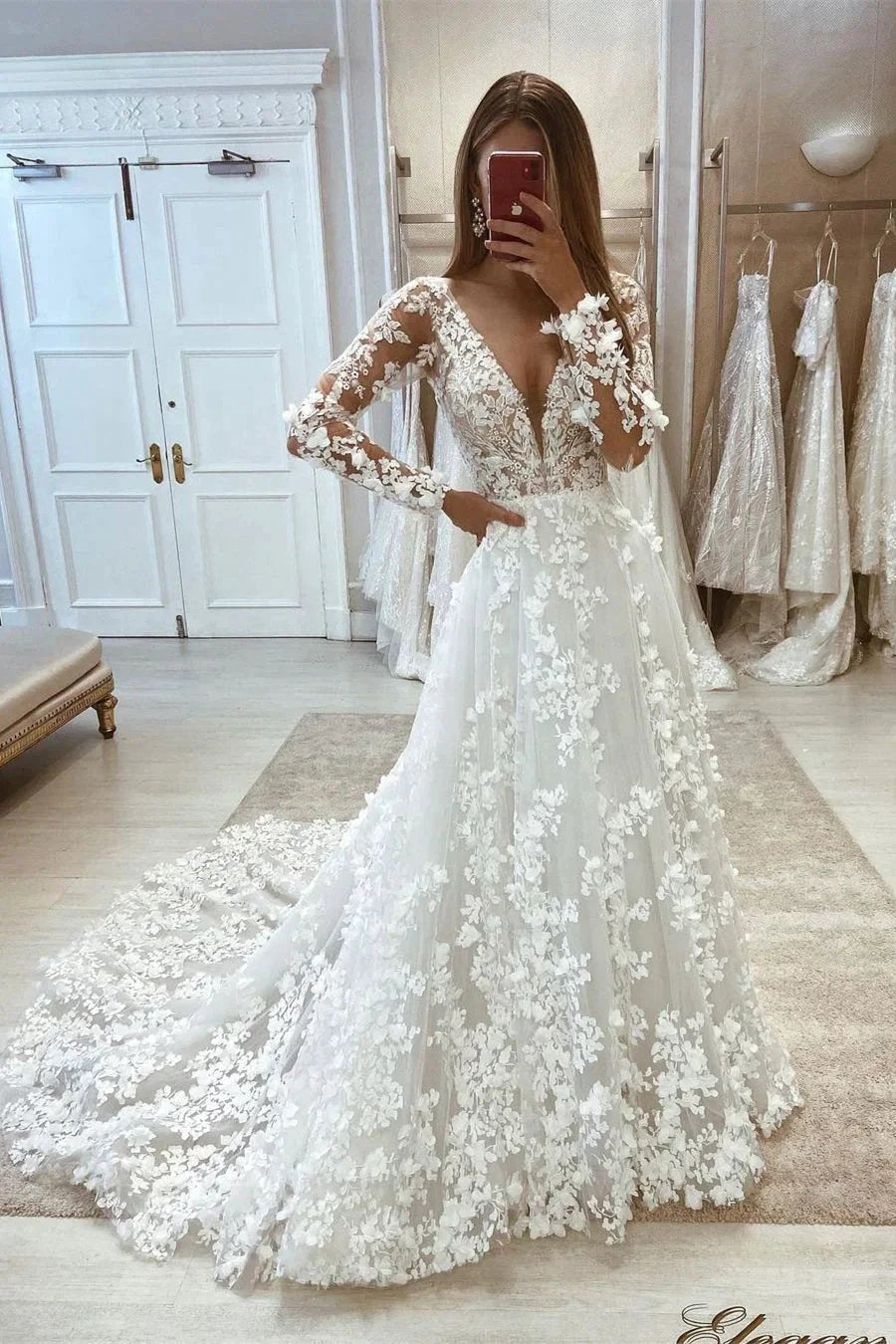 Chic V-neck A-line Lace Long Sleeves Floor Length Wedding dress (ZD16541)