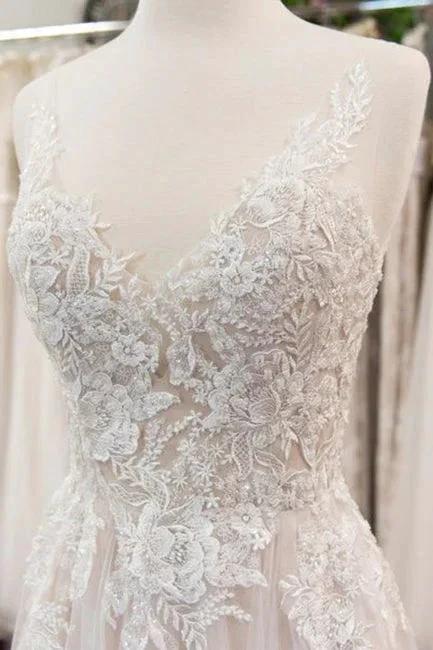 Chic V-neck Appliques Tulle A-line Wedding Dress (ZD13923)