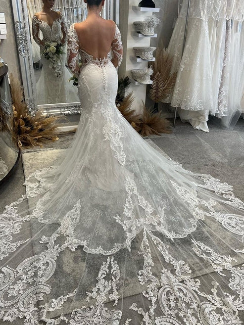 Long Sleeve Deep V Illusion Lace Low Open Back Mermaid Wedding Dress