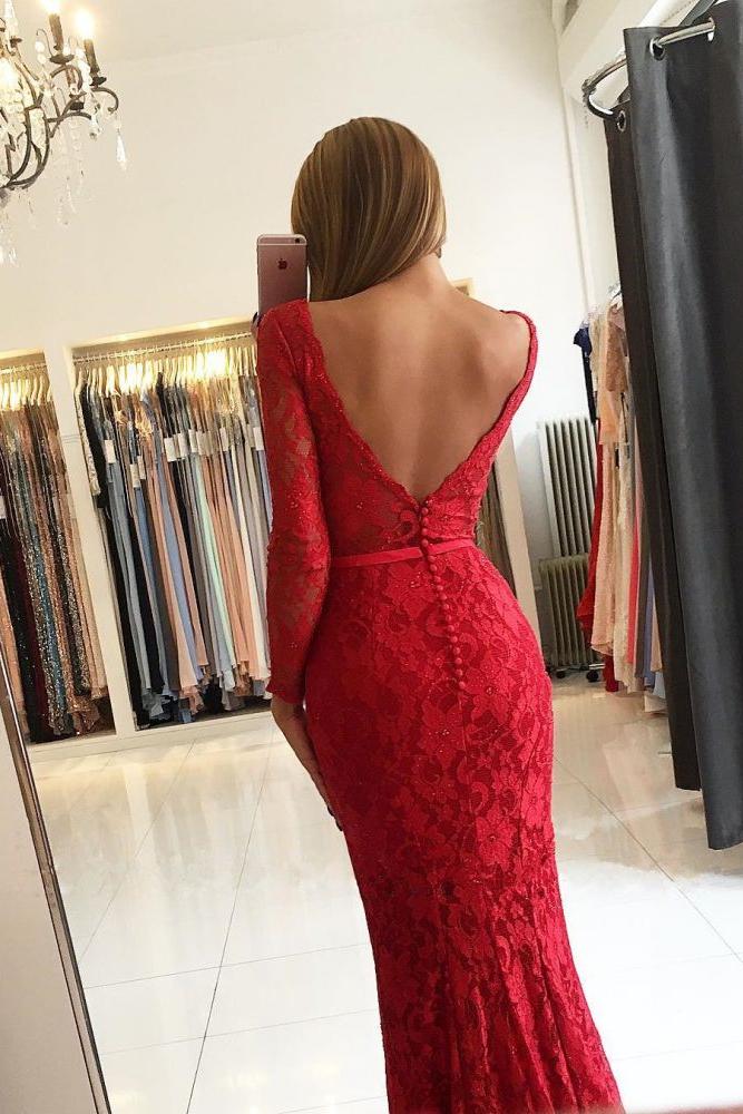 Chic V-Neck Open Back Scarlet Lace Evening Dresses Elegant Long Sleeves Fit and Flare Wholesale Prom Dresses