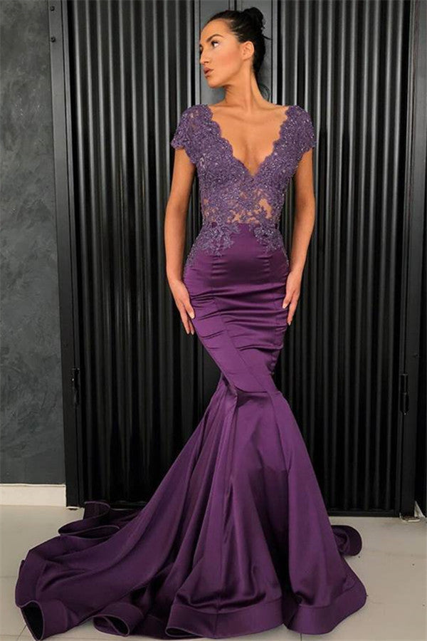 Chic V-Neck Short Sleeves Evening Dresses Mermaid Beadings Long Formal Dresses