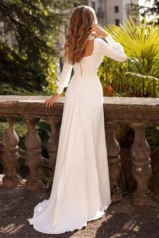 Chic White Satin Long Sleeves A-Line Wedding Dresses Long (ZD16409)