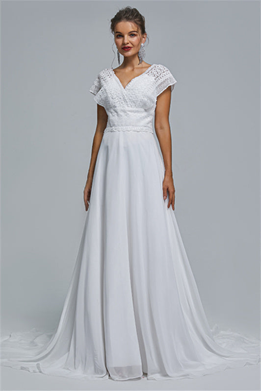 Chiffon A-Line Portrait V-Neck Applique Floor-Length Sleeveless Wedding Dress Cover
