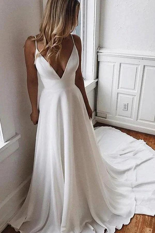 Chiffon A-line V-neck Lace Spaghetti Straps Wedding Dress with Sweep Train (ZD16342)