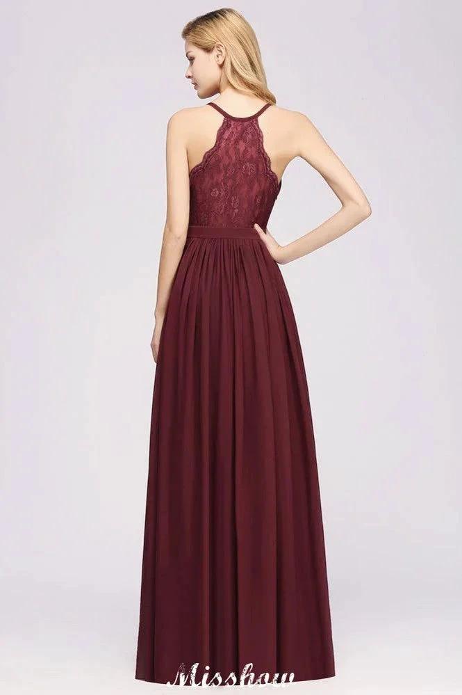 Chiffon Lace A-line Bridesmaid Dresses | V-Neck Sleeveless Floor Length Maid of the Honor Dresses (ZD12916)