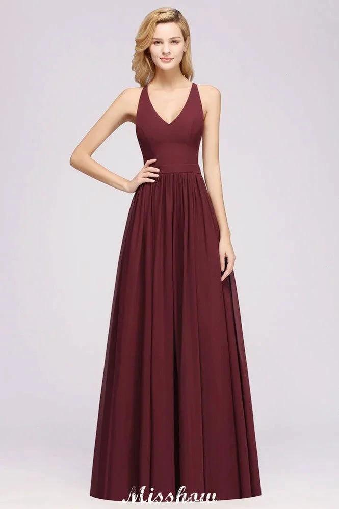 Chiffon Lace A-line Bridesmaid Dresses | V-Neck Sleeveless Floor Length Maid of the Honor Dresses (ZD12916)