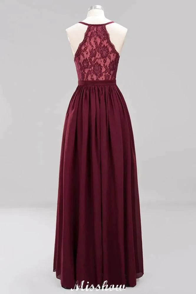 Chiffon Lace A-line Bridesmaid Dresses | V-Neck Sleeveless Floor Length Maid of the Honor Dresses (ZD12916)