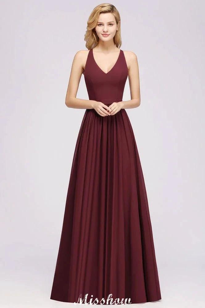 Chiffon Lace A-line Bridesmaid Dresses | V-Neck Sleeveless Floor Length Maid of the Honor Dresses (ZD12916)
