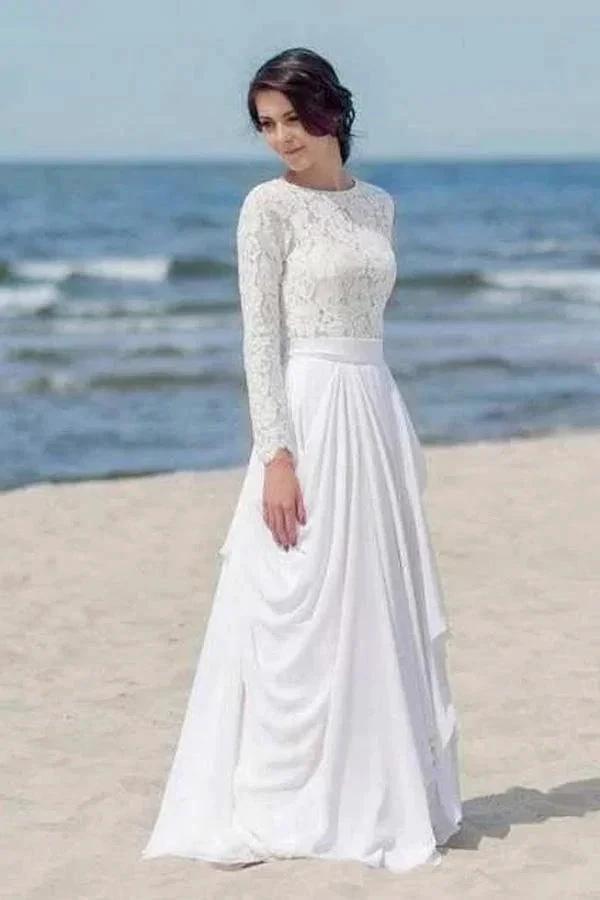 Chiffon Lace Long Sleeve White Zipper Beach Wedding/Bridal Dress (ZD15312)