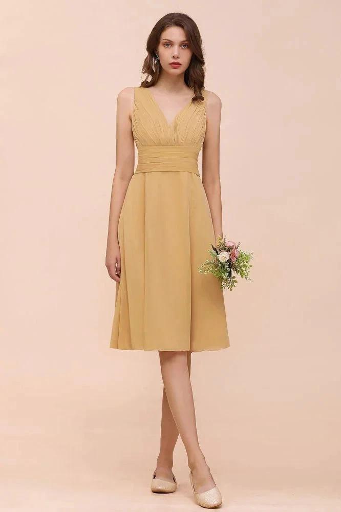 Chiffon Mini Golden Bridesmaid Dress Daily Casual Dress Sleeveless V-neck by misshow.com