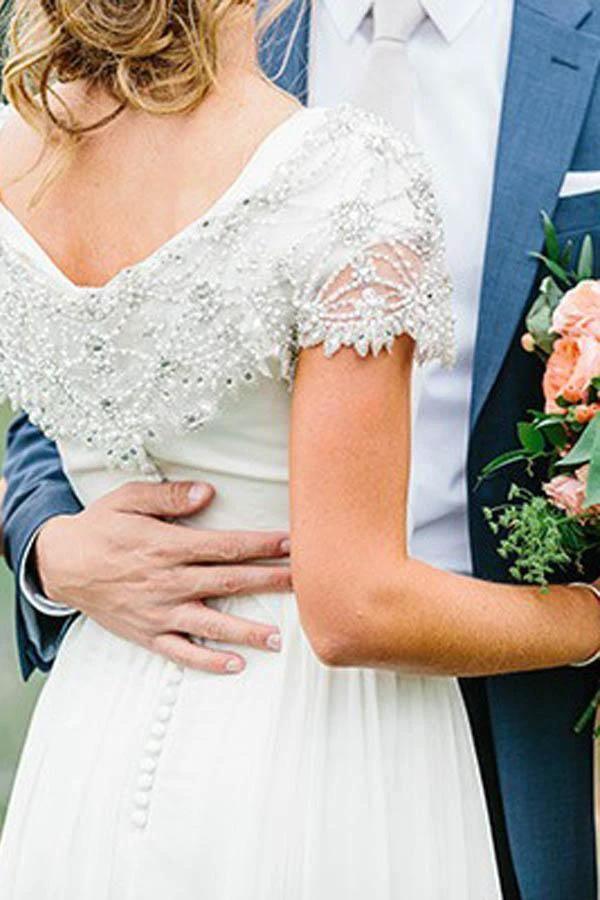 Chiffon V-neck Neckline A-line Wedding Dress With Beadings (ZD16365)