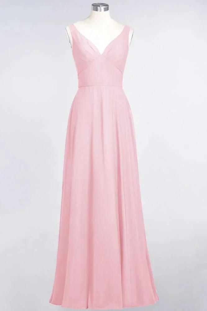 Chiffon V-Neck Straps Sleeveless Ruffles Floor-Length Bridesmaid Dress with Open Back by misshow.com