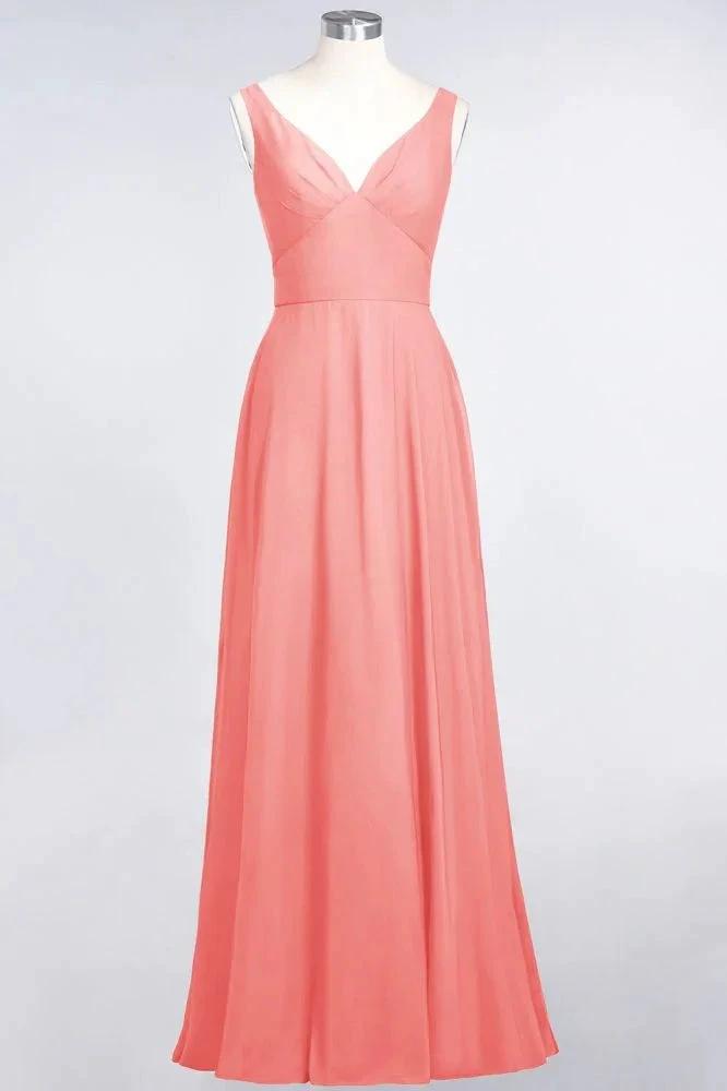 Chiffon V-Neck Straps Sleeveless Ruffles Floor-Length Bridesmaid Dress with Open Back by misshow.com