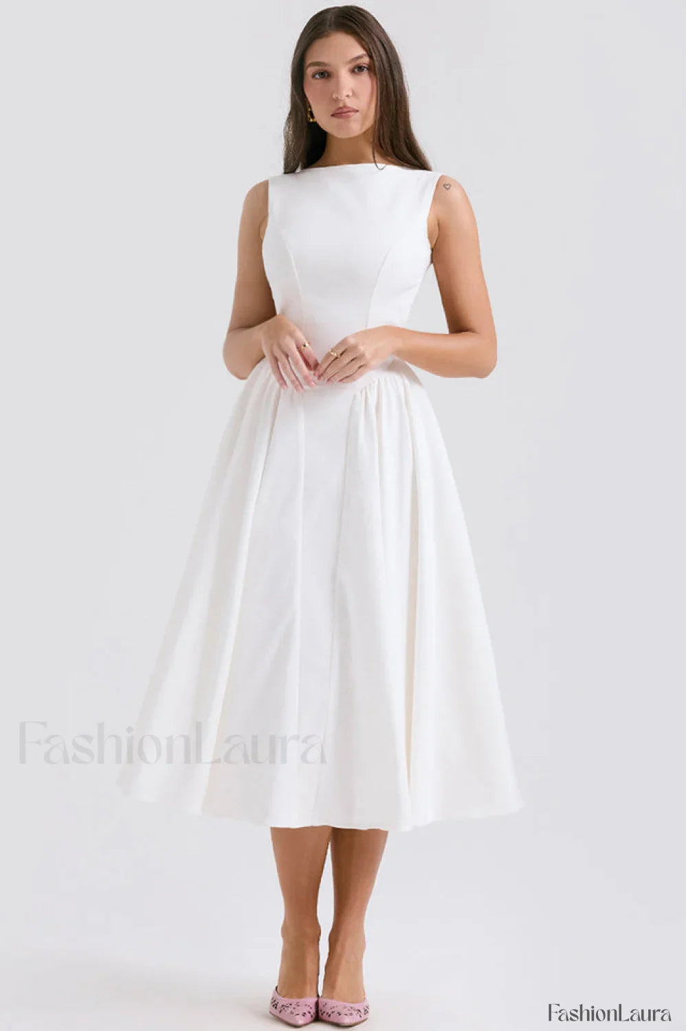 Cindy White Stylish Twill Midi Sundress