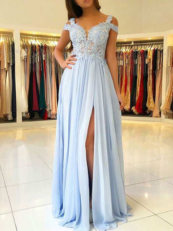 Classic Chiffon Evening Dress A-Line V-Neck Floor-Length Split Front Party Dresses Evening Dresses