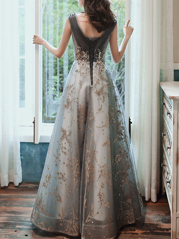 Classic evening dress A-Line Sleeveless Floor-Length Jewel Neck Lace Appliqued Formal Occasion Dresses