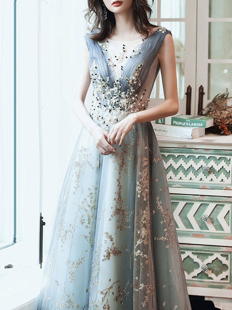 Classic evening dress A-Line Sleeveless Floor-Length Jewel Neck Lace Appliqued Formal Occasion Dresses
