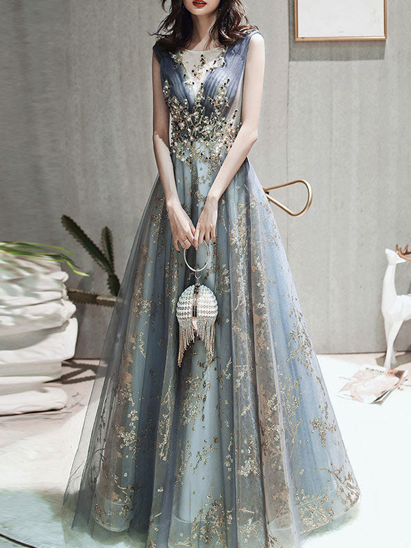 Classic evening dress A-Line Sleeveless Floor-Length Jewel Neck Lace Appliqued Formal Occasion Dresses