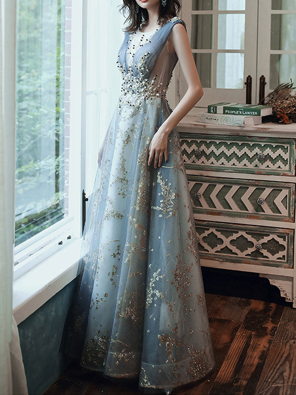 Classic evening dress A-Line Sleeveless Floor-Length Jewel Neck Lace Appliqued Formal Occasion Dresses