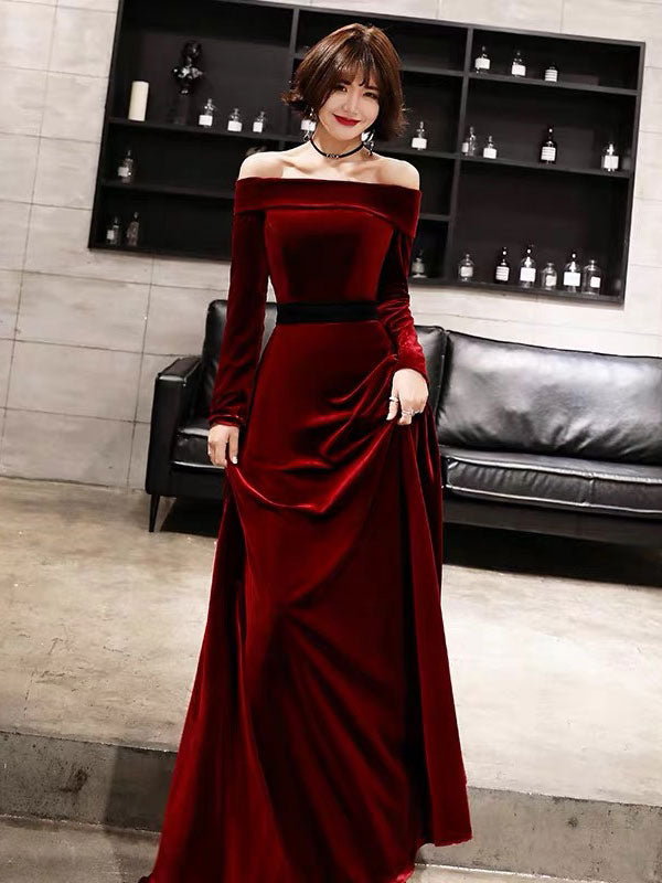 Classic Evening Dresses Velvet Long Sleeve Off-the-Shoulder Maxi Dresses