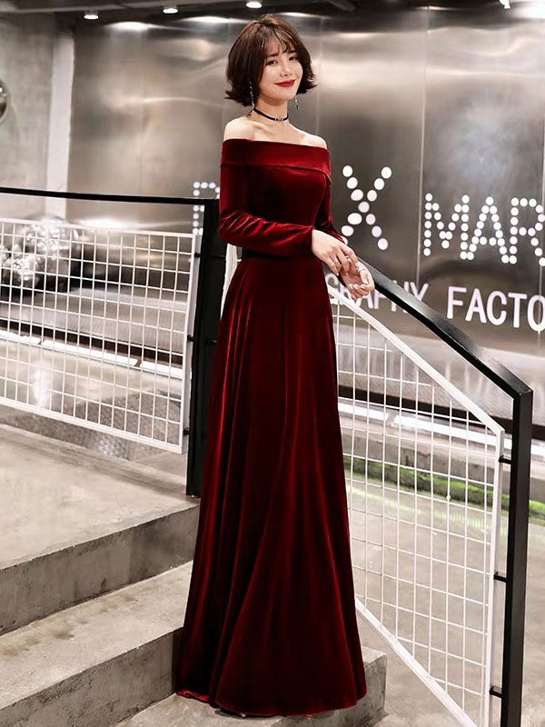 Classic Evening Dresses Velvet Long Sleeve Off-the-Shoulder Maxi Dresses
