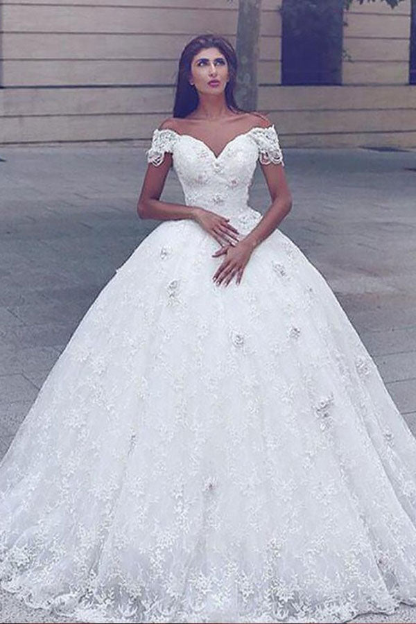 Classic Lace Off-the-Shoulder White Lace Ball Gown Wedding Dress