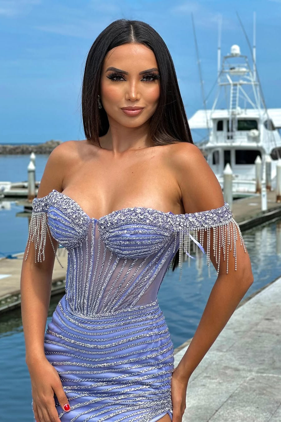 Classic Lavender Sweetheart Off-The-Shoulder Mermaid Prom Dresses Sheath Gem With Side Split